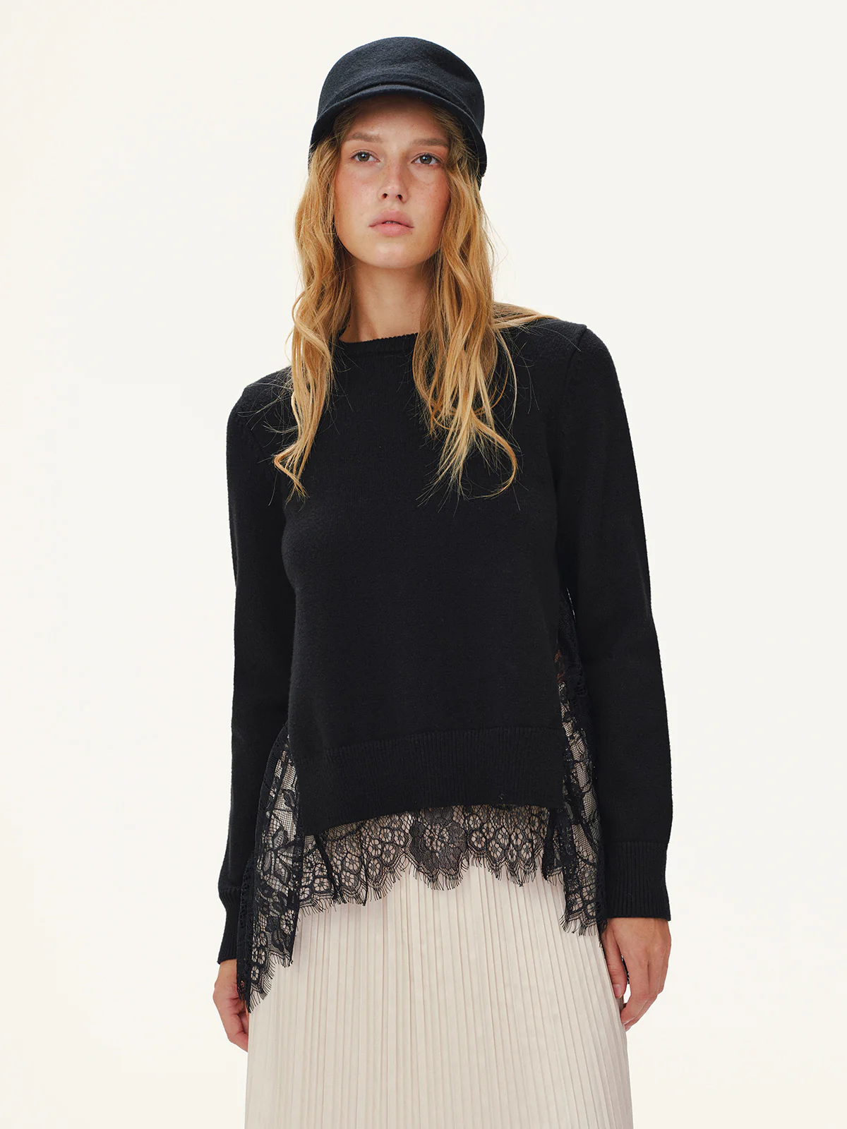 Lace Panel Knitted Sweater - Wholesalesil