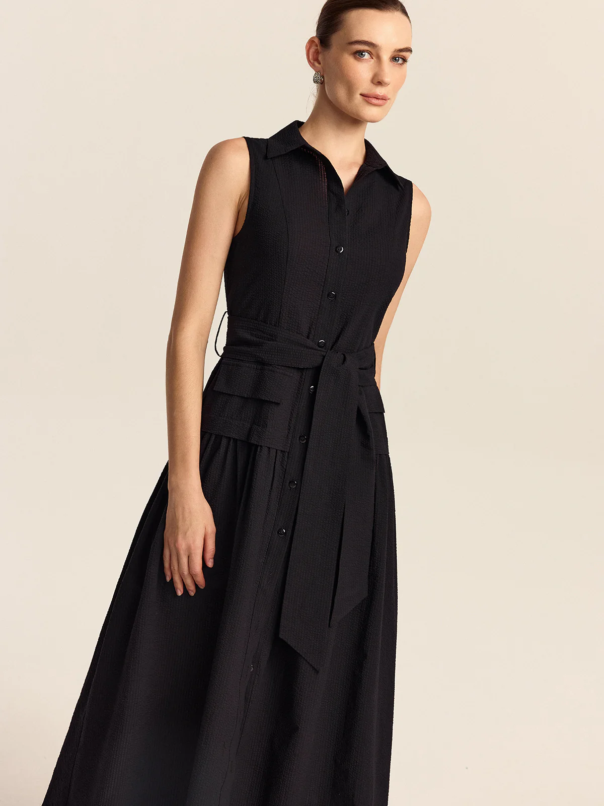 Button-Front Midi Dress with Belt - Wholesalesil