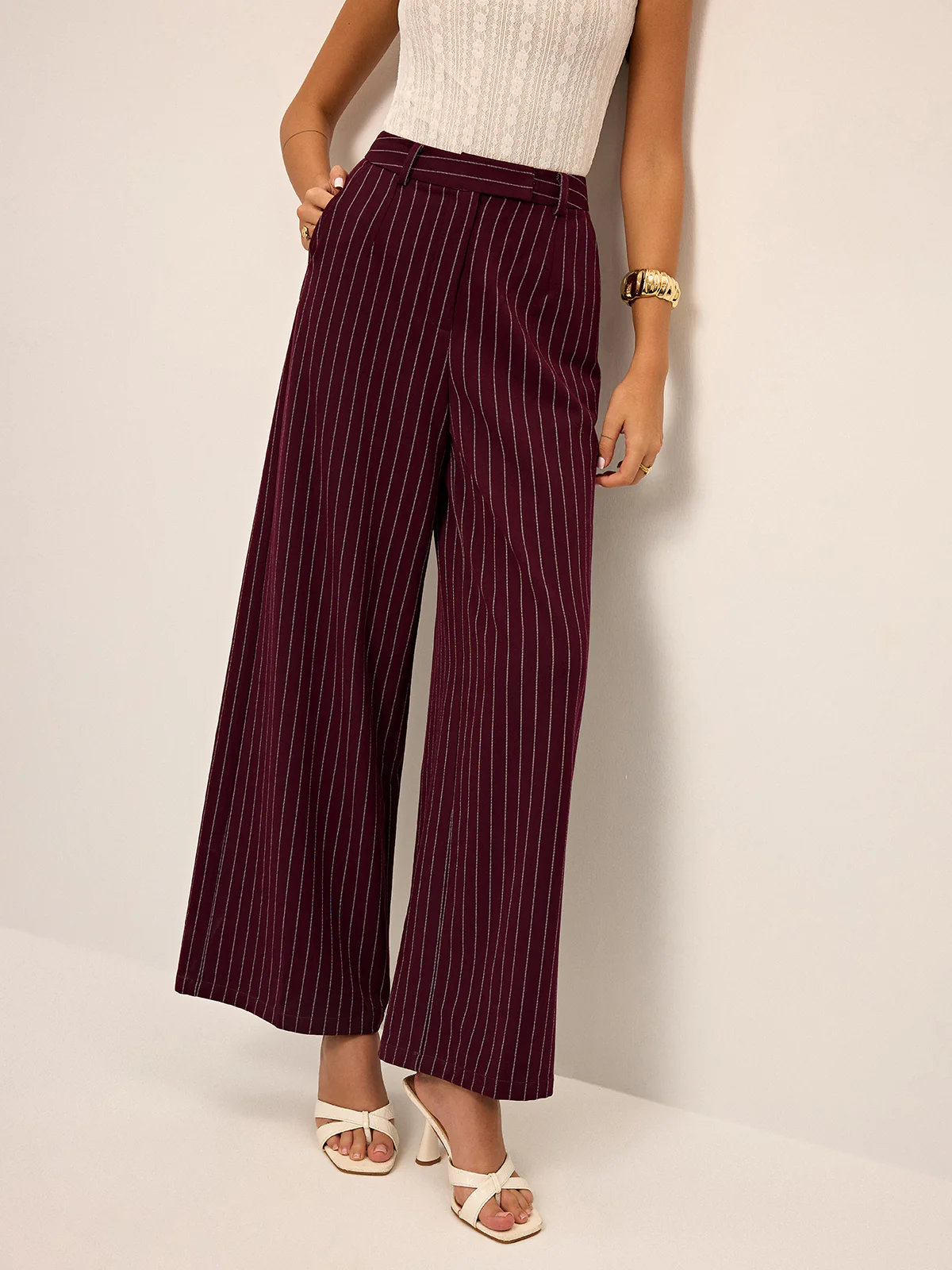 Pinstripe Wide-Leg Straight Pants - Wholesalesil