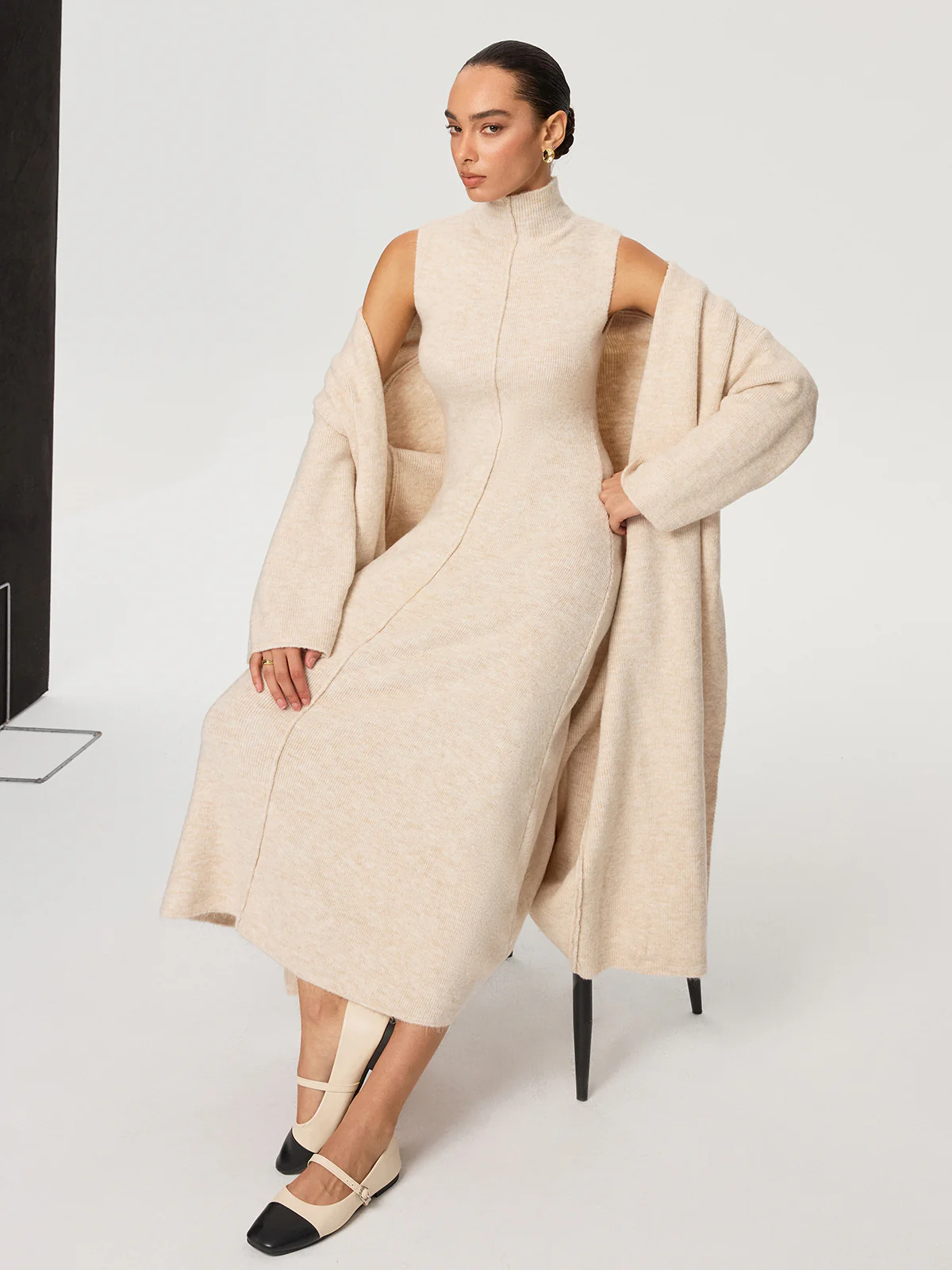 Knit Coat and Turtleneck Sleeveless Dress Two-Piece Set - Wholesalesil
