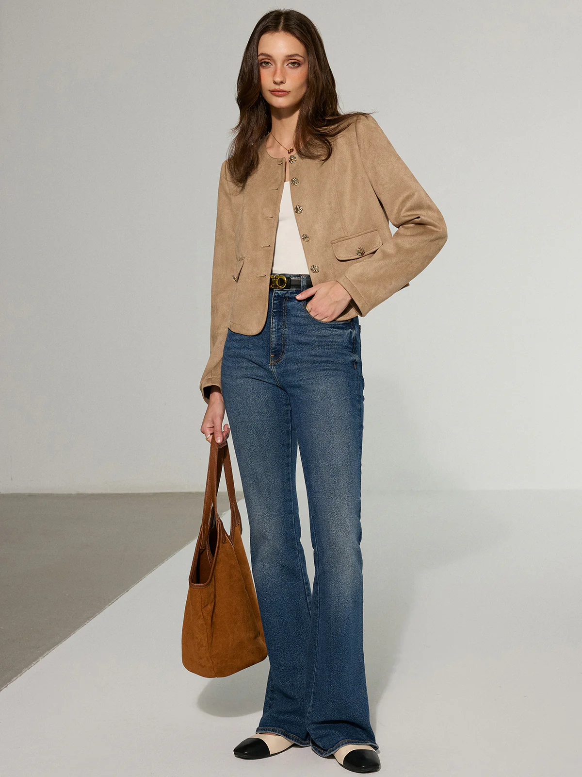 Metal Button Suede Effect Blazer - Wholesalesil