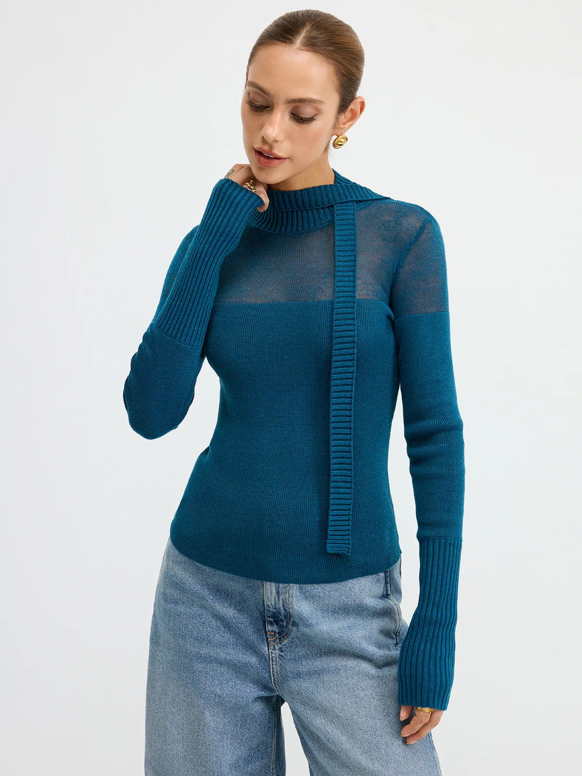 Sheer Panel Tie Neck Wool Blend Knit Top - Wholesalesil