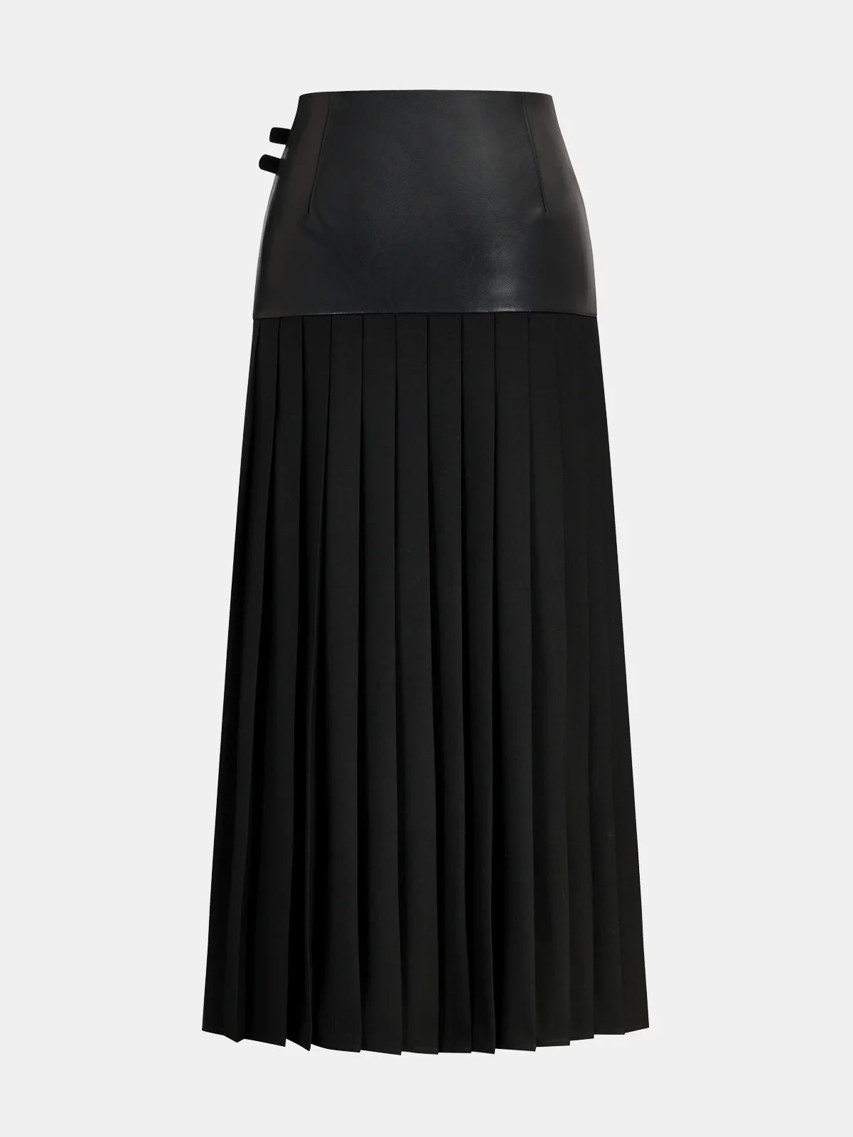Buckle Detail Faux Leather Panel Pleated Midi Skirt - Wholesalesil