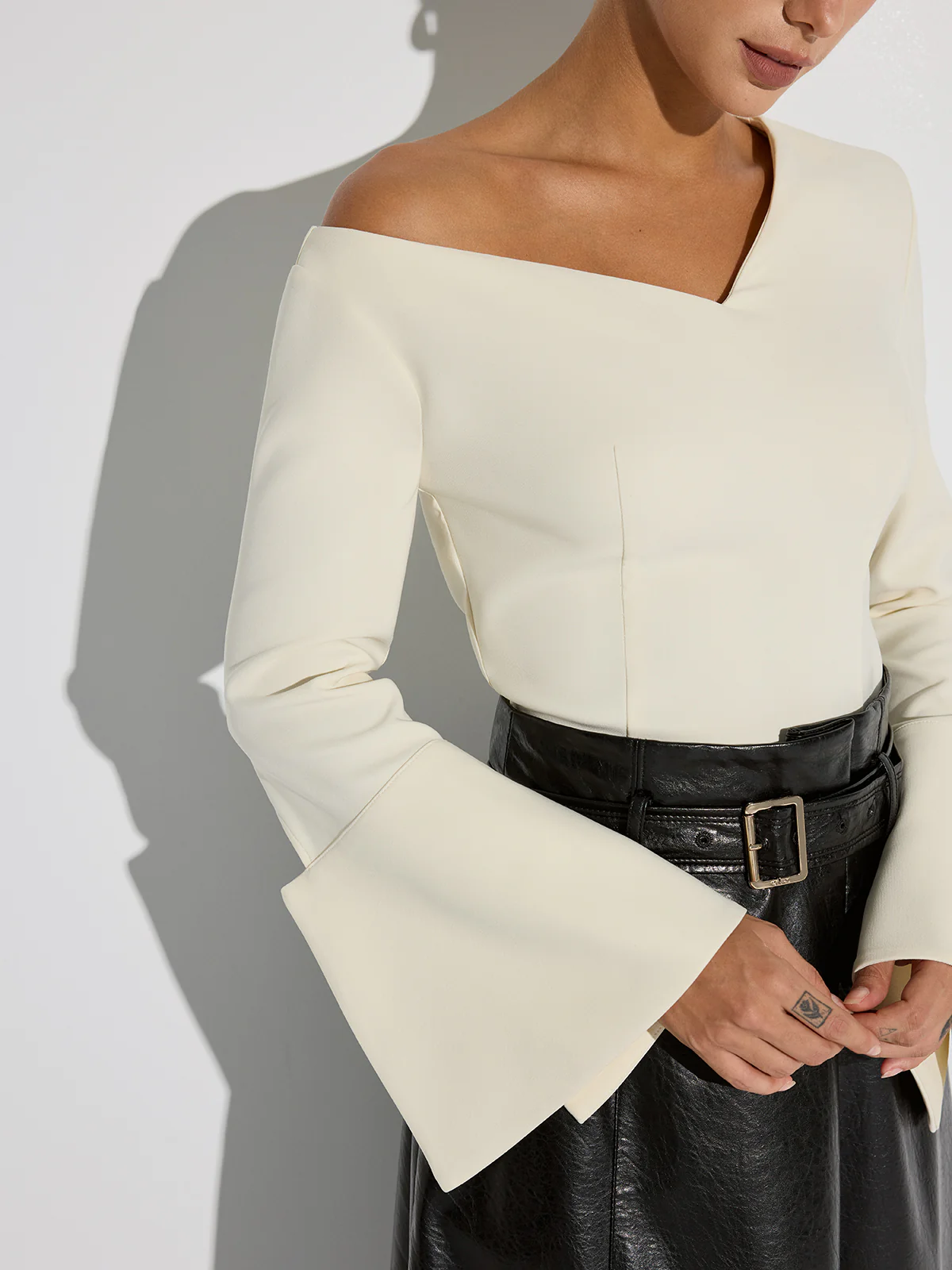 Asymmetric Off-Shoulder Bell-Sleeve Top - Wholesalesil