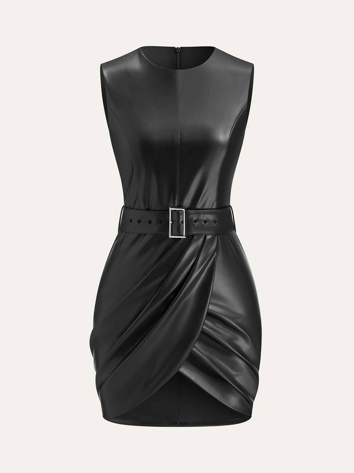 Faux Leather Sleeveless Dress with Belt - Wholesalesil