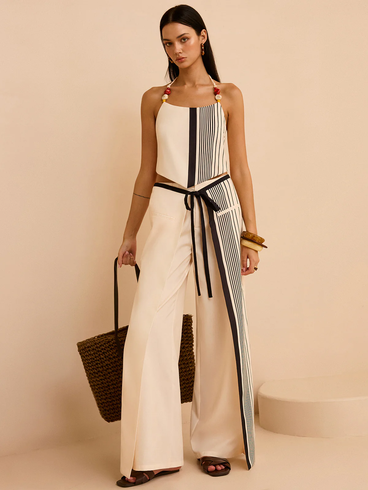 Striped Halter Top with Beaded Straps - Wholesalesil