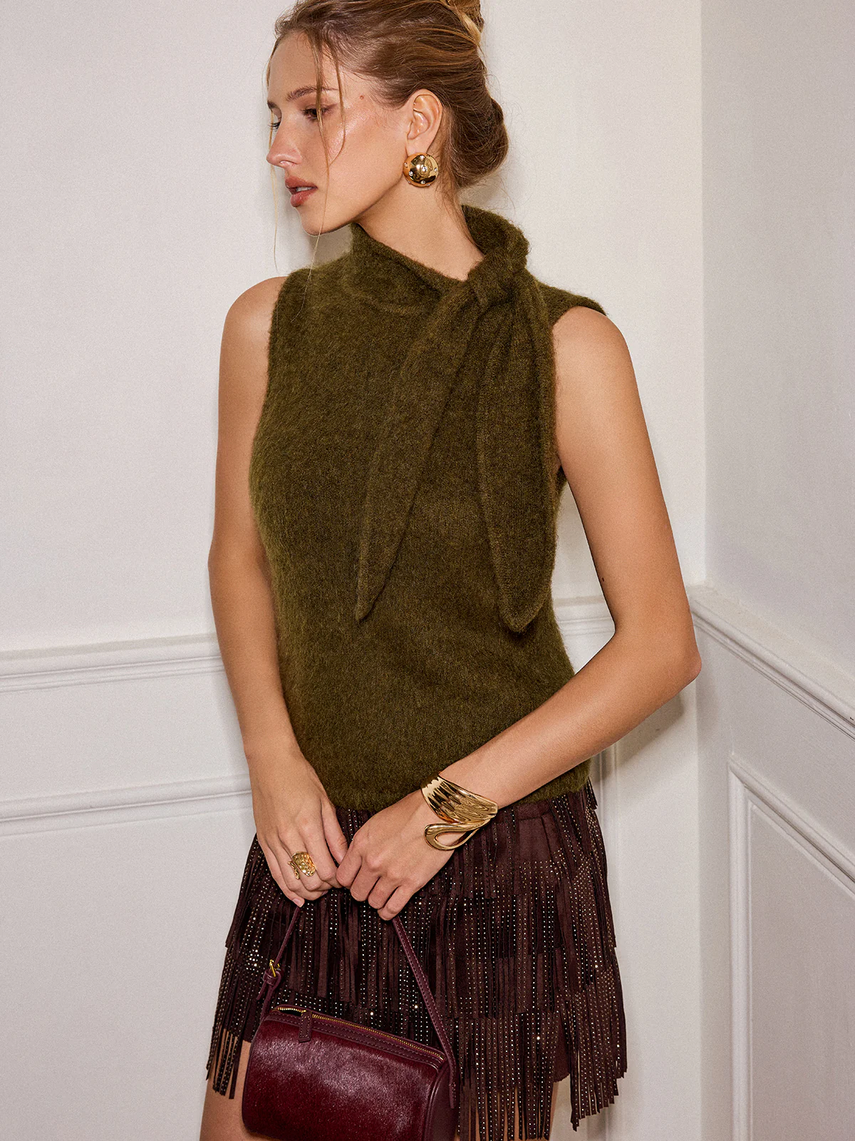 Wool Blend Tie Neck Sleeveless Sweater Vest - Wholesalesil