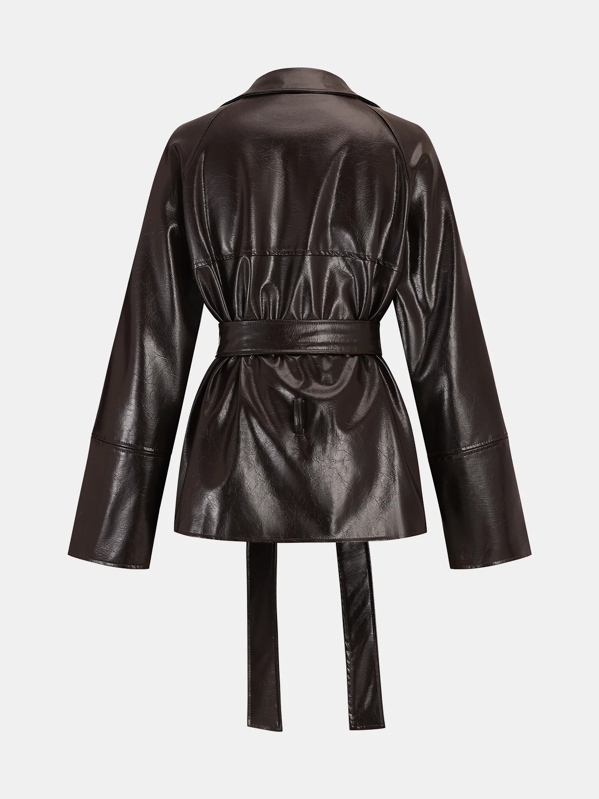 Belted Faux Leather Trench Coat - Wholesalesil