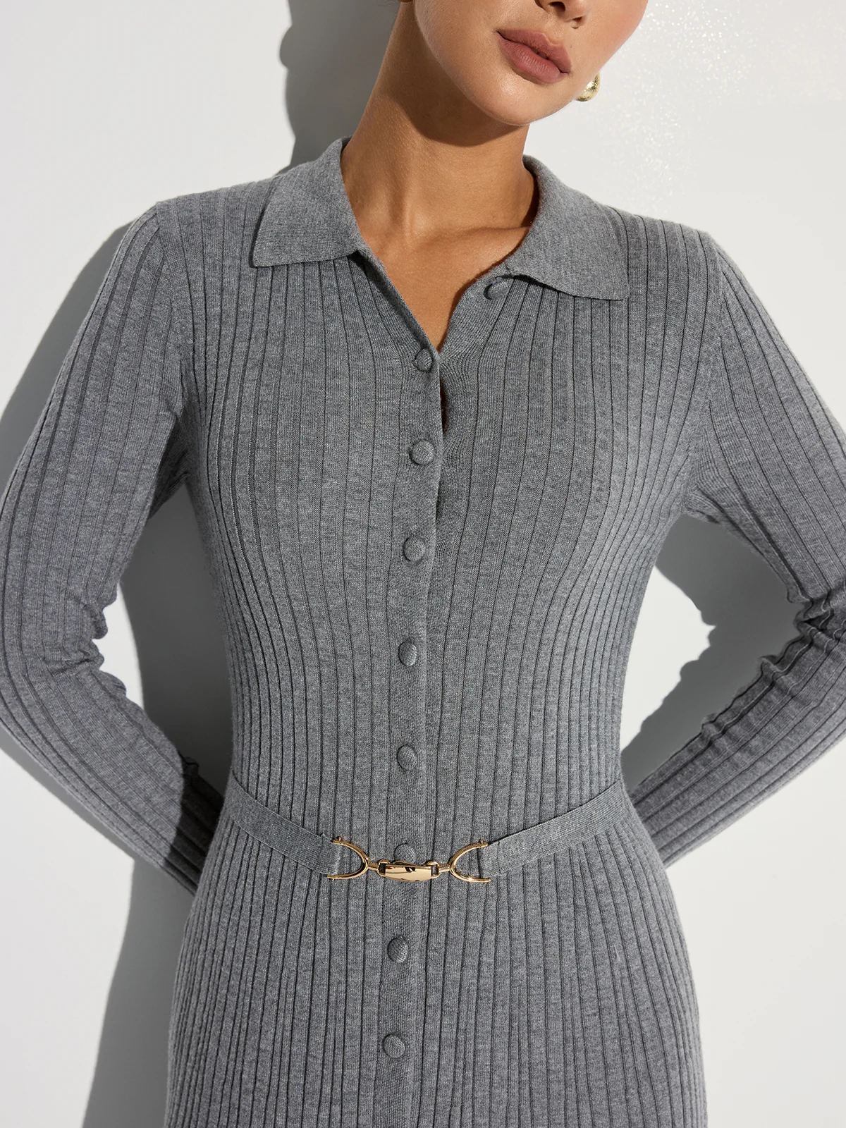 Ribbed Knit Polo Maxi Dress with Belt - Wholesalesil