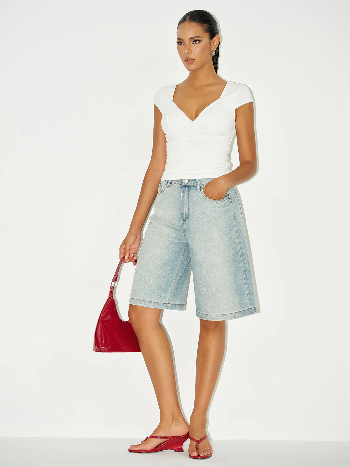 Mid-Waist Denim Bermuda Shorts - Wholesalesil