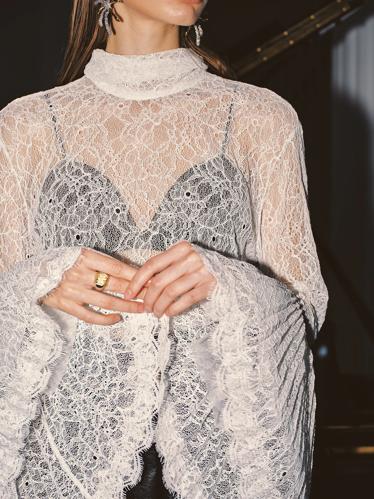 Lace High Neck Bell Sleeve Top - Wholesalesil