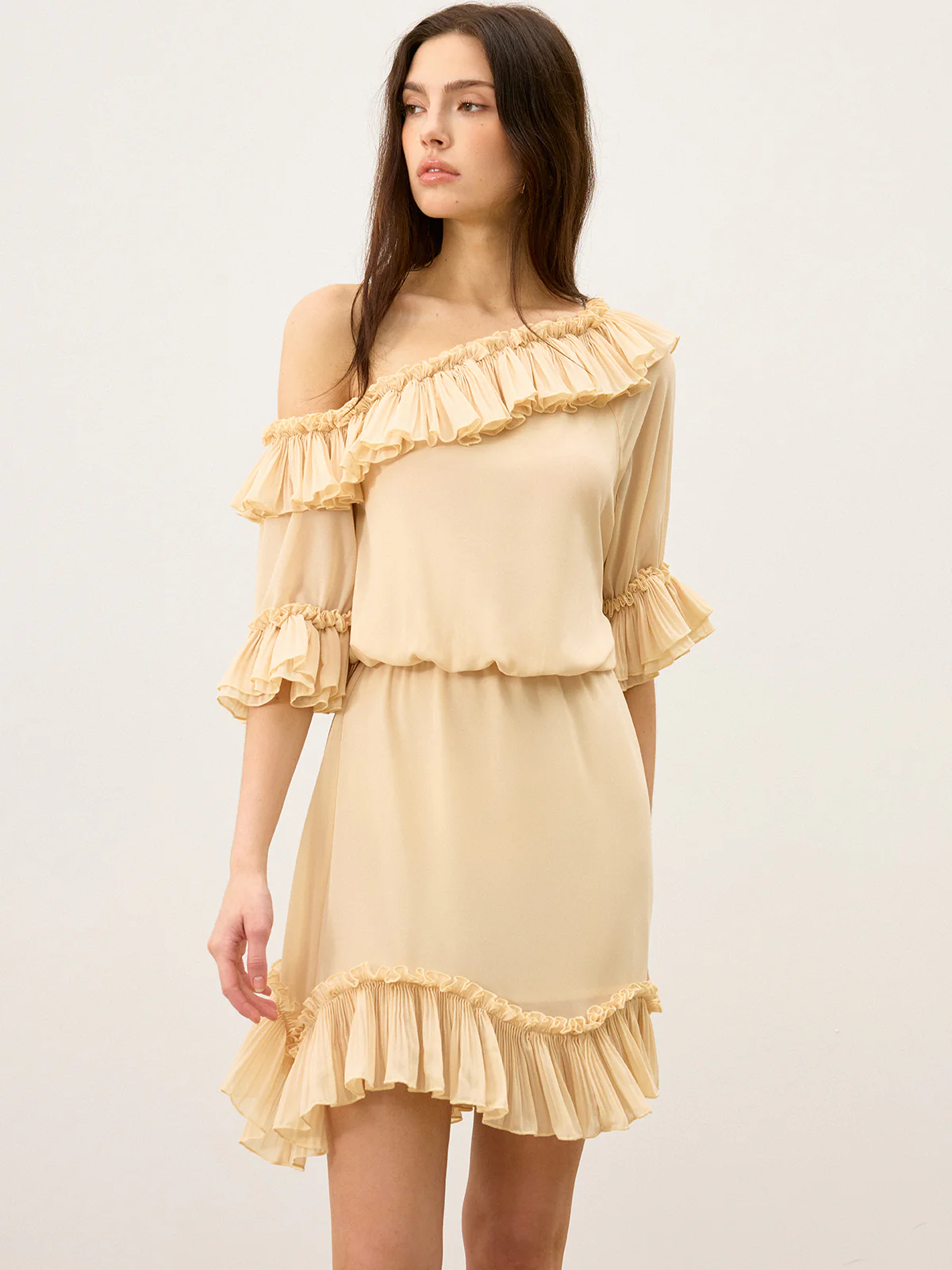 Semi-Sheer Chiffon One-Shoulder Ruffled Mini Dress - Wholesalesil
