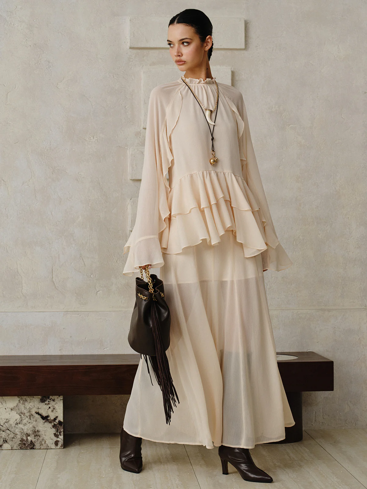 Chiffon Tiered Ruffle Top and Skirt Set - Wholesalesil