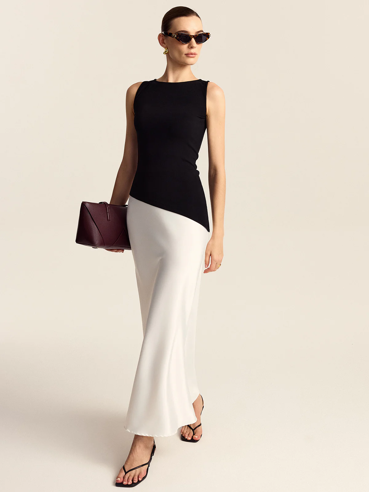 Asymmetric Hem Boat Neck Sleeveless Knit Top - Wholesalesil