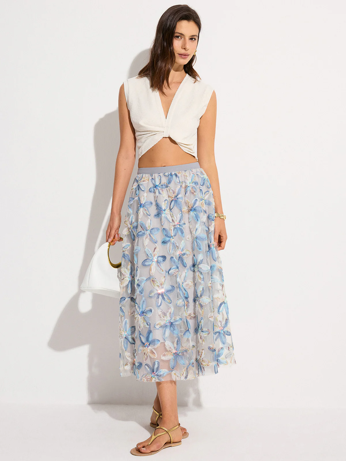 Semi-Sheer Floral Embroidered Mesh Midi Skirt - Wholesalesil