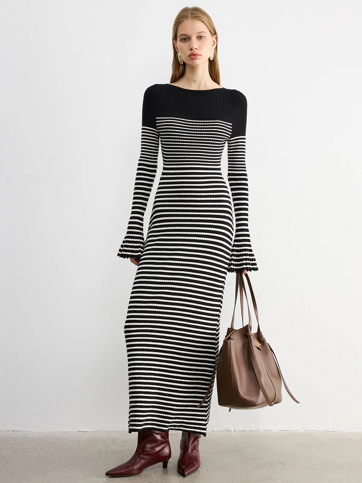 Flared Sleeve Color-Block Striped Knit Maxi Dress - Wholesalesil