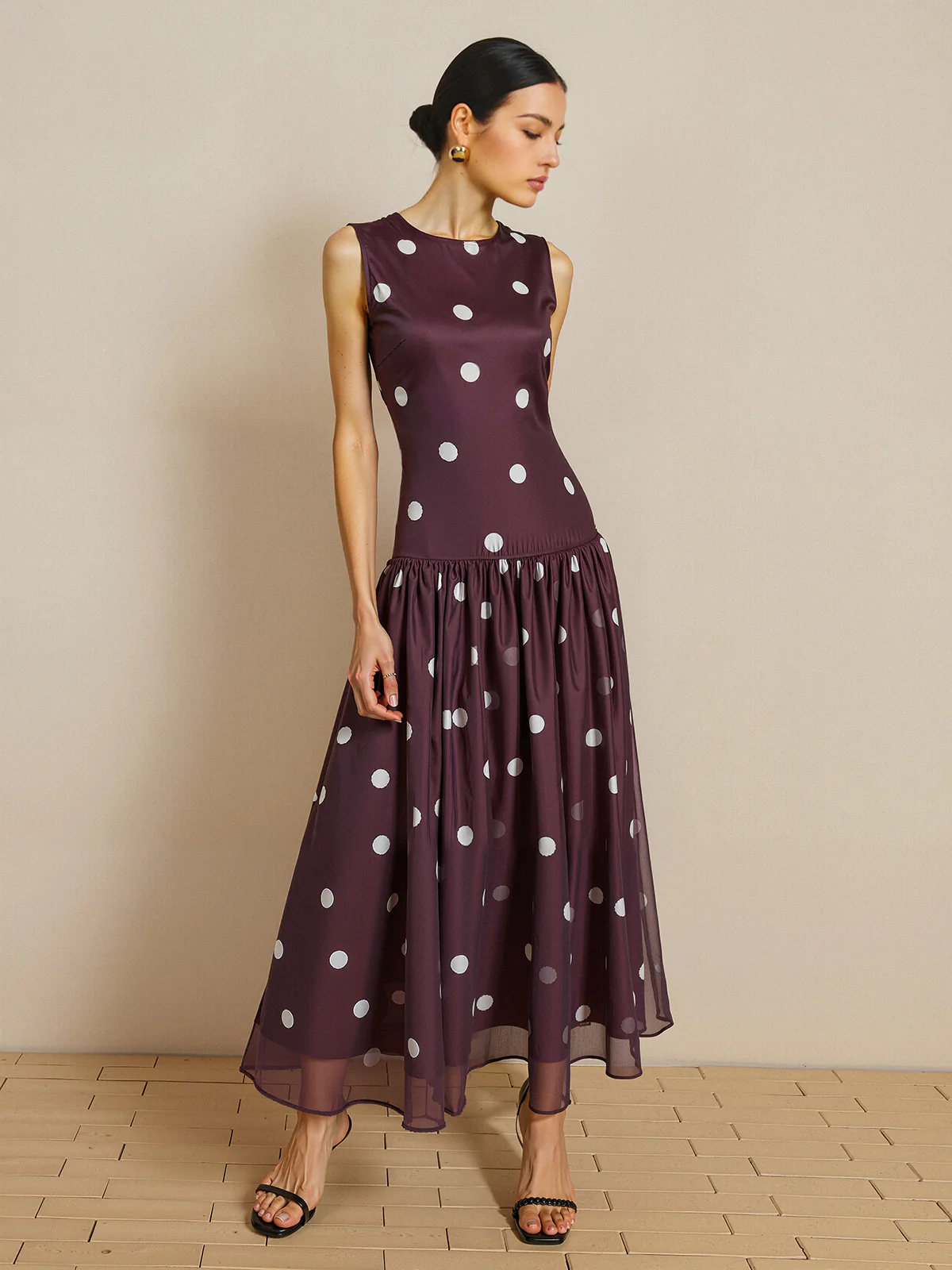 Polka Dot Sleeveless Chiffon Maxi Dress - Wholesalesil
