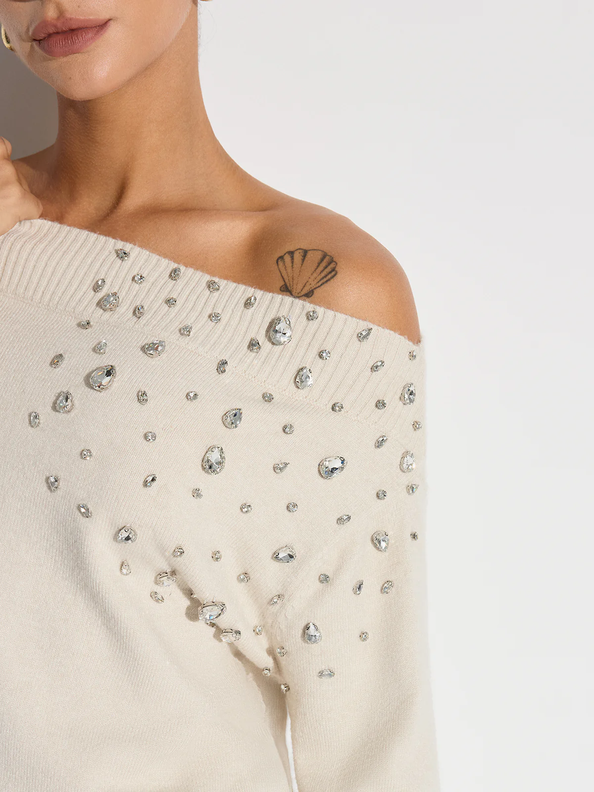 Rhinestone-Embellished Off-Shoulder Sweater - Wholesalesil