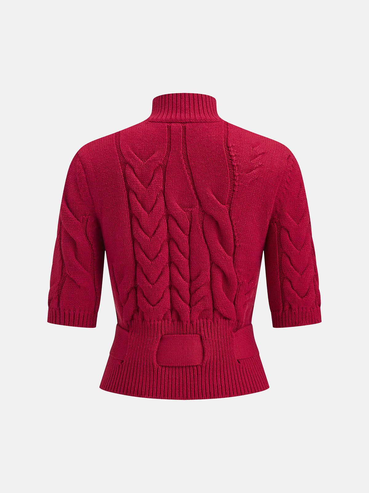 Turtleneck Cable Knit Short Sleeve Belted Sweater - Wholesalesil