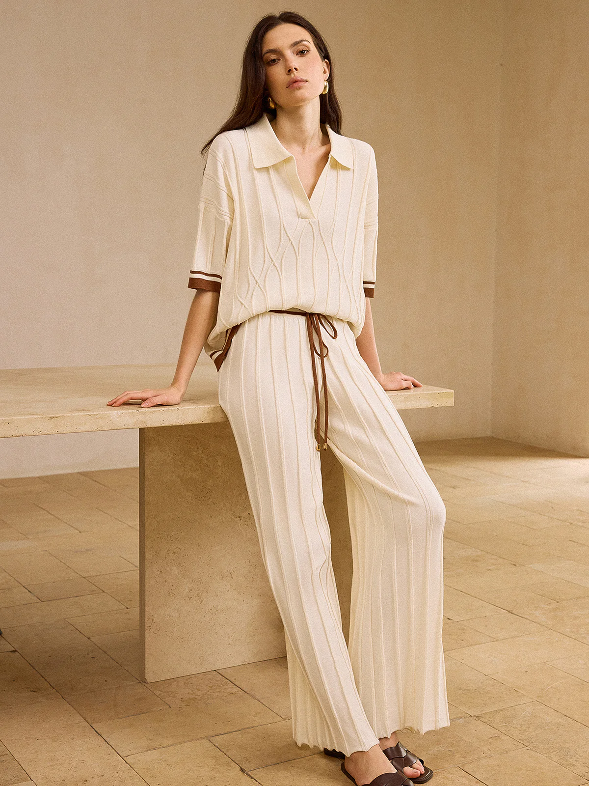 Contrast-Trimmed Polo Neck Top and Drawstring Straight-Leg Pants Set - Wholesalesil