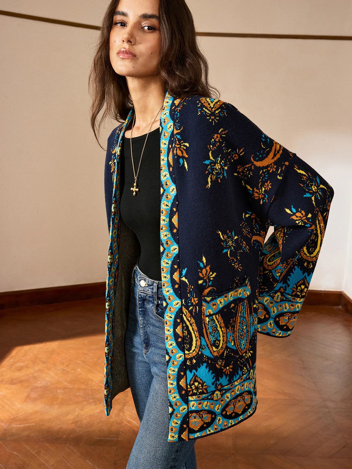 Paisley Print Belted Cardigan - Wholesalesil