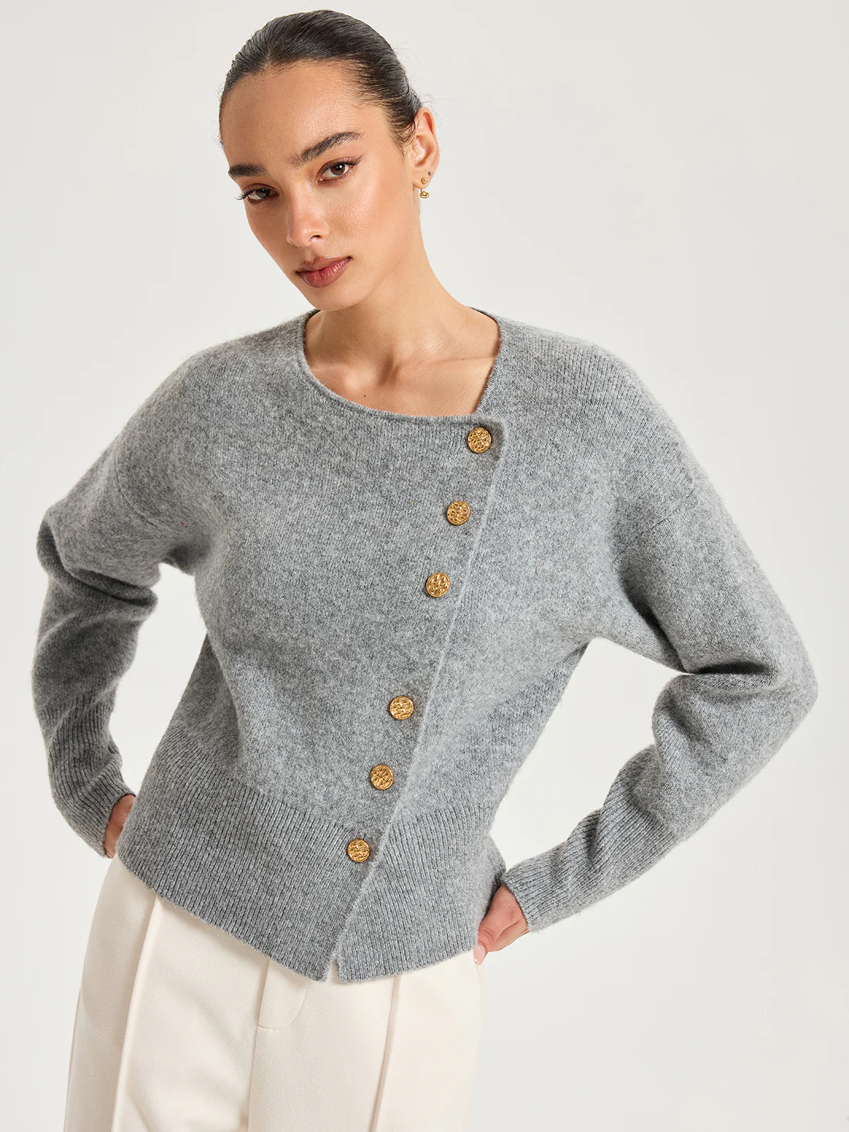 Asymmetric Metal Button Wool-Blend Cardigan - Wholesalesil