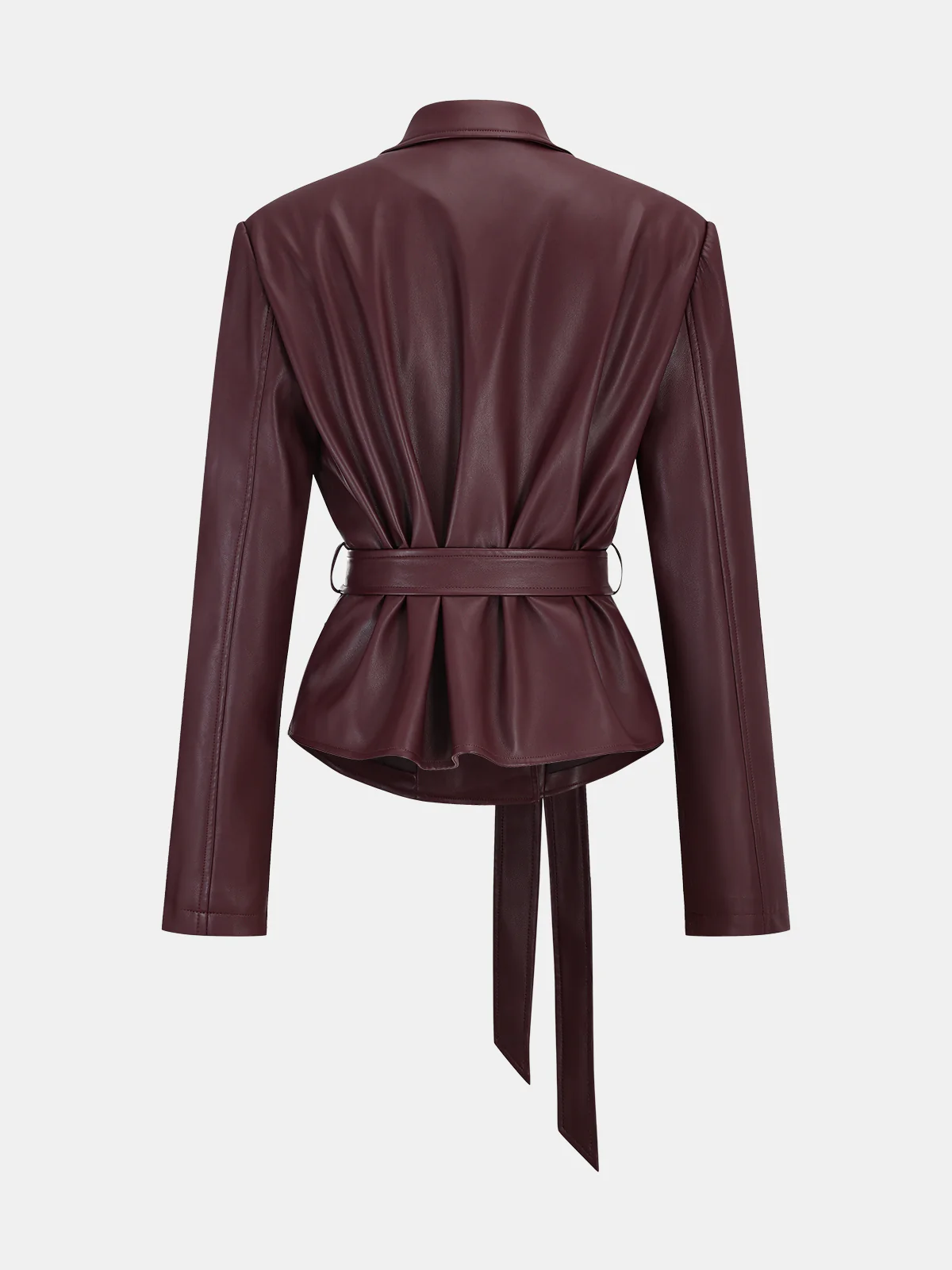 Lapel Faux Leather Belted Jacket - Wholesalesil