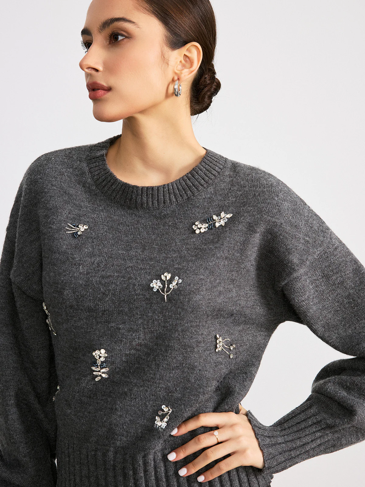 Crew Neck Sweater with Floral Crystal Embellishments - Wholesalesil