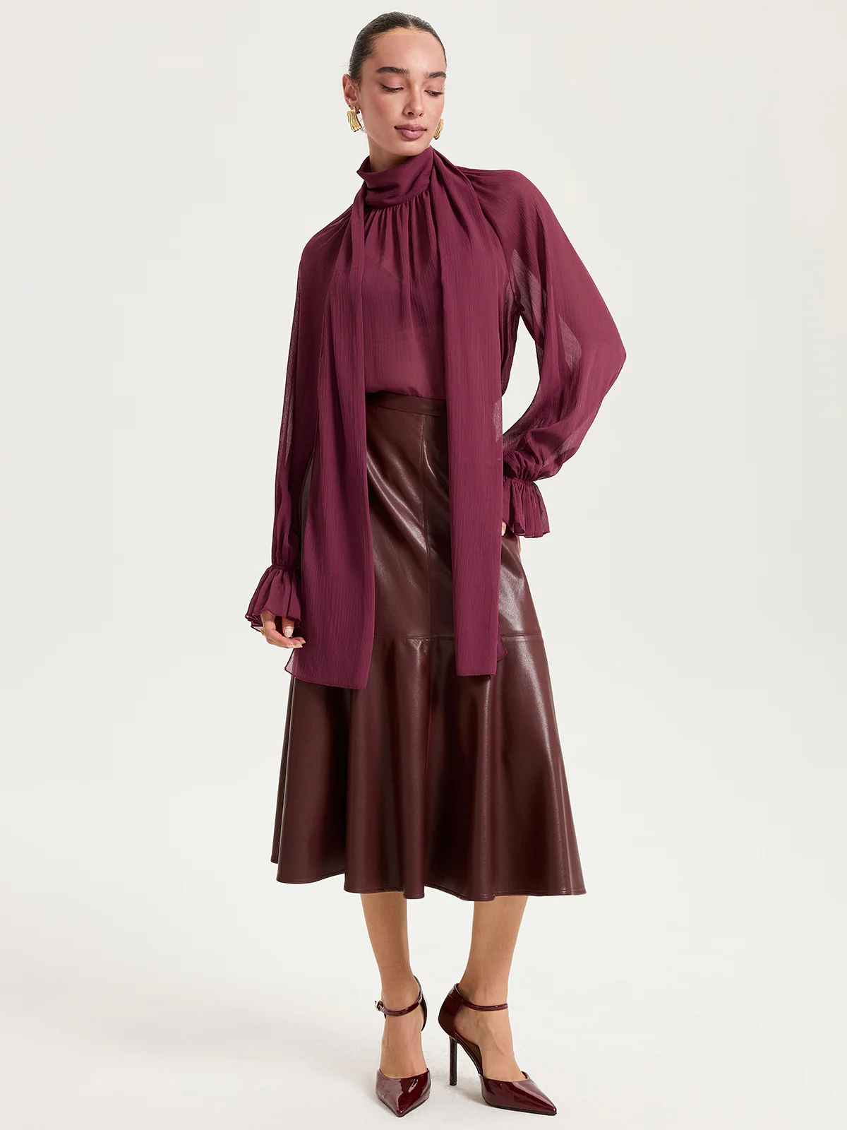 Scarf Neck Semi-Sheer Chiffon Blouse - Wholesalesil