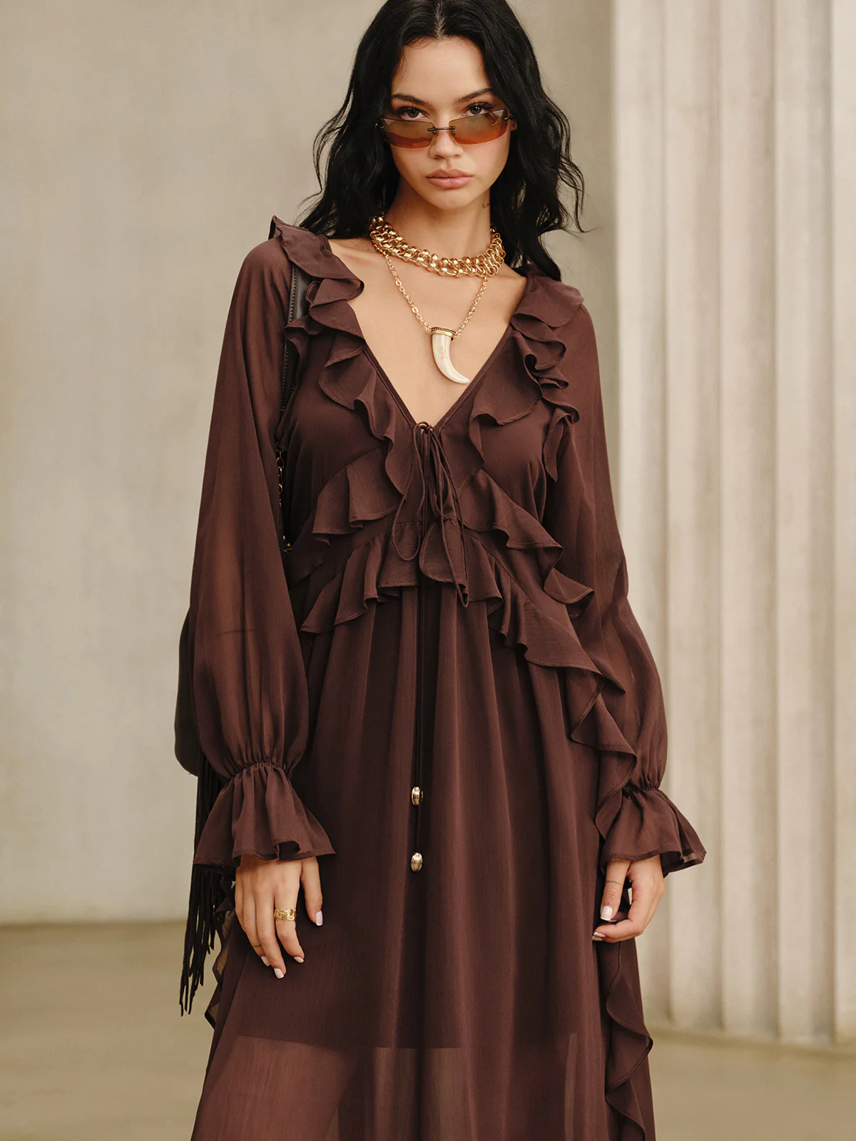 Ruffled Chiffon Maxi Dress Set with Cami Dress Liner - Wholesalesil