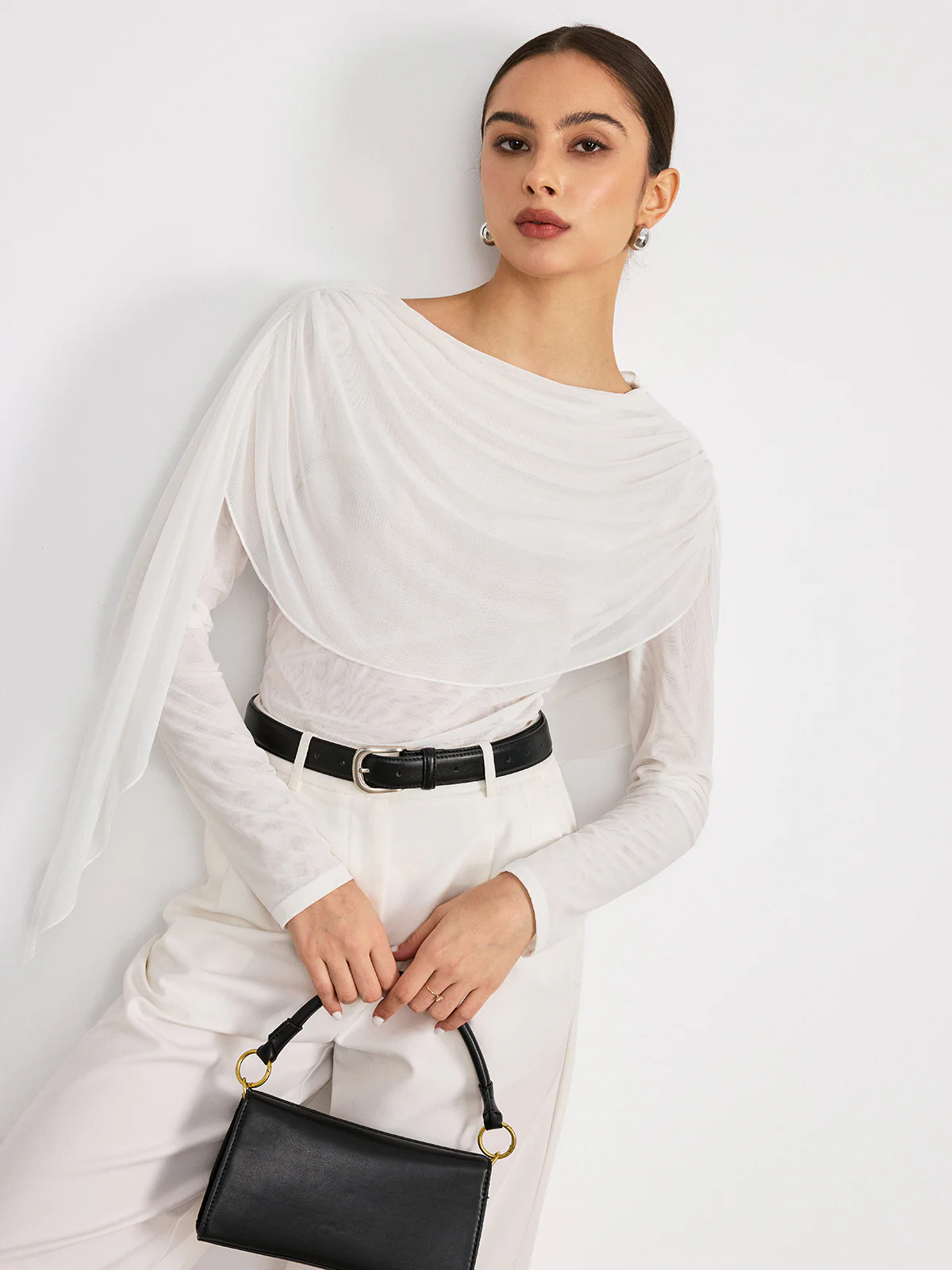 Draped Mesh Long Sleeve Blouse - Wholesalesil