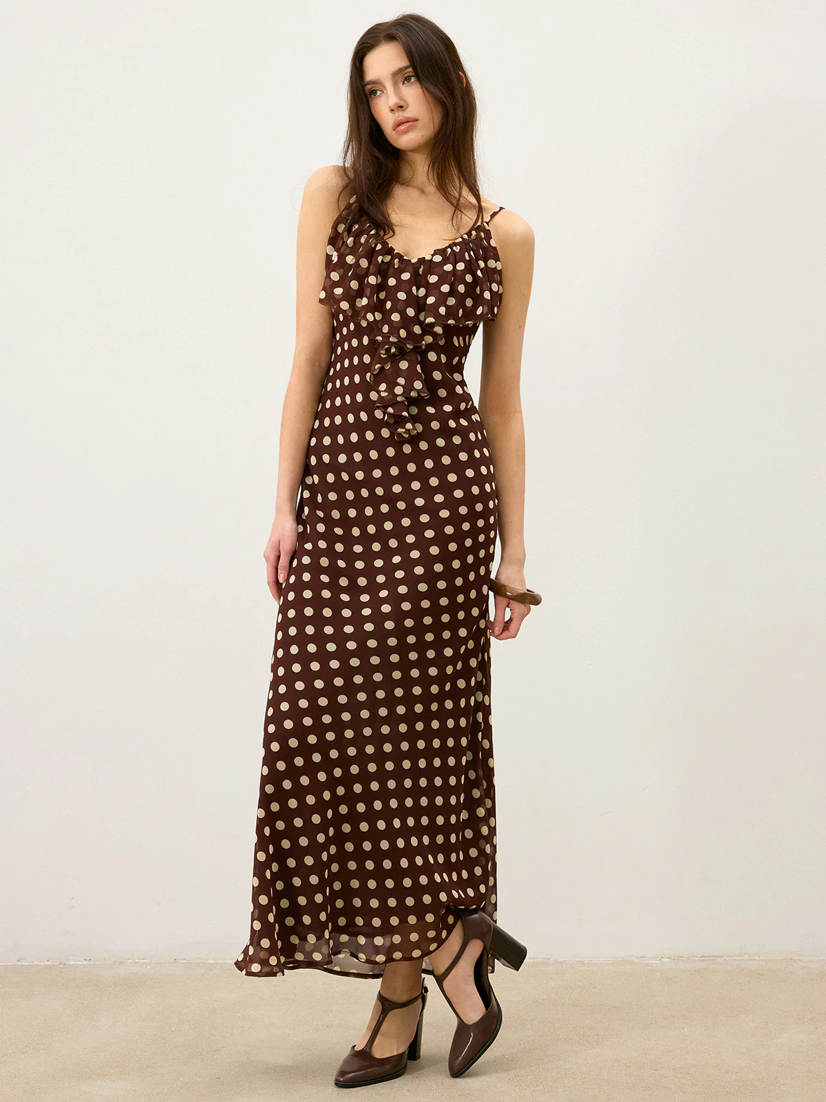 Semi-Sheer Polka Dot Ruffle Cami Maxi Dress - Wholesalesil