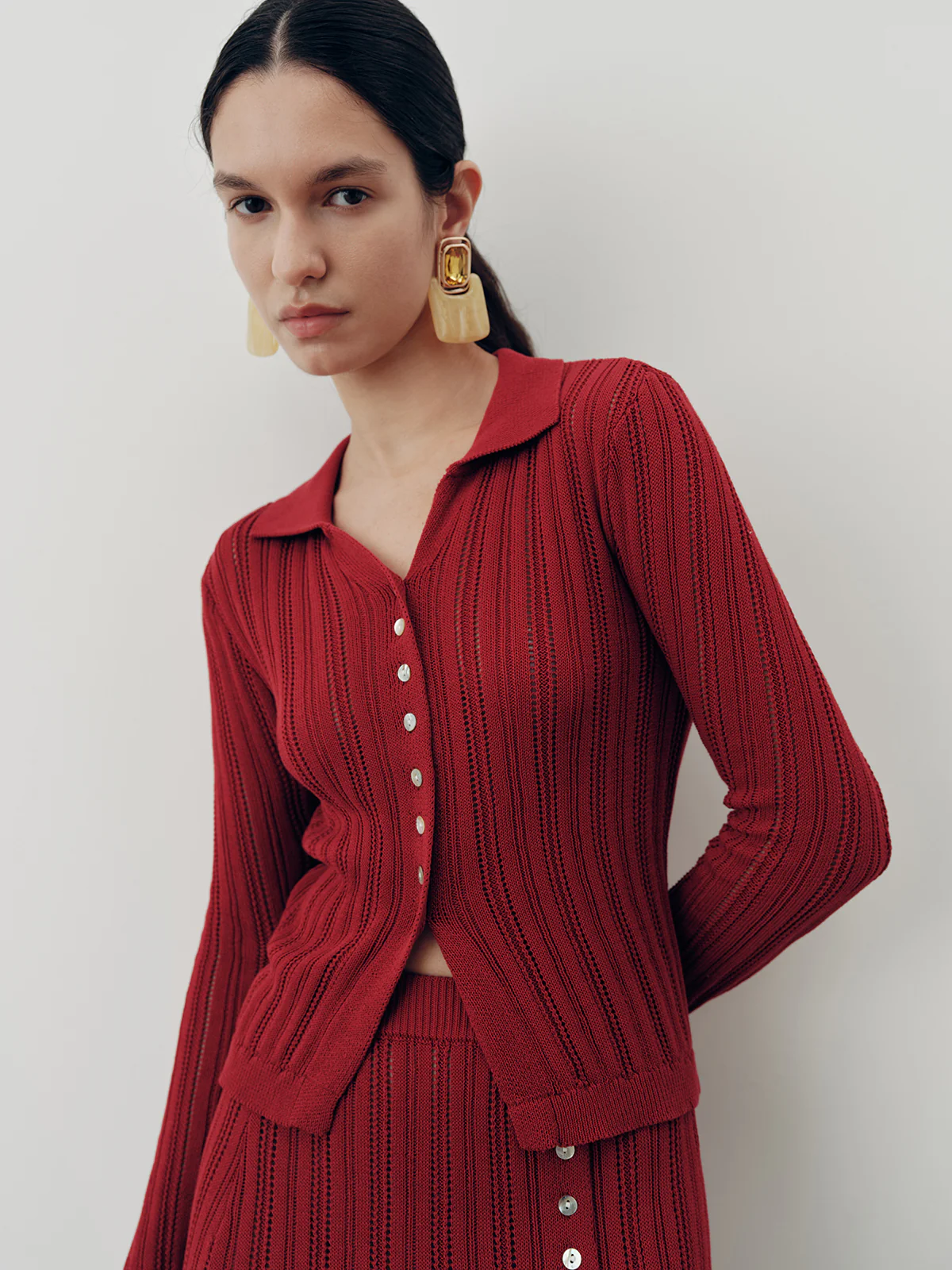 Collared Knit Top and Slit Skirt Set - Wholesalesil