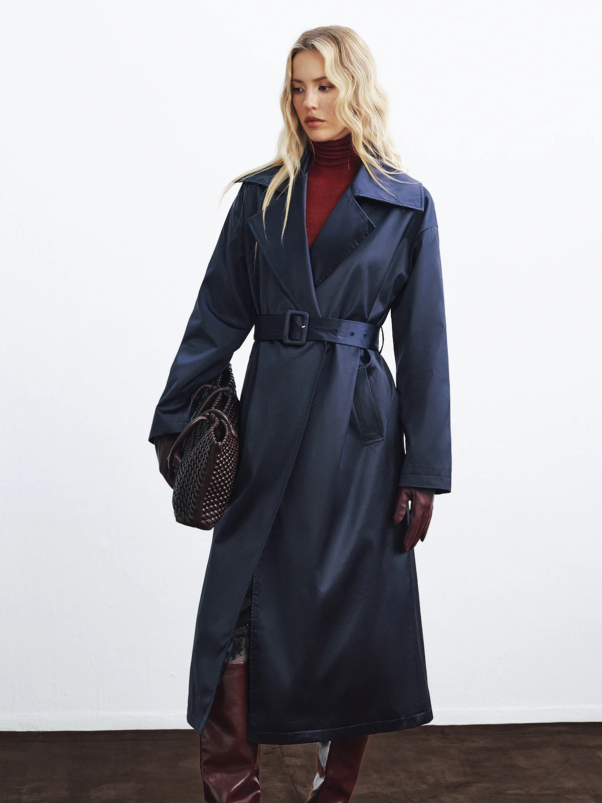 Belted Satin Long Trench Coat - Wholesalesil