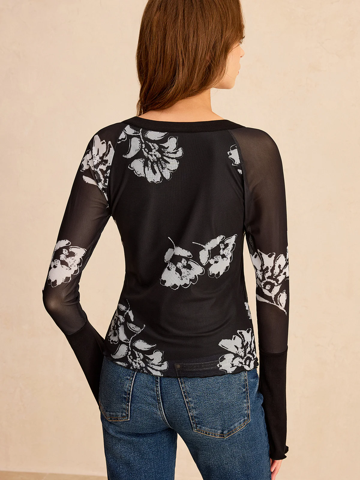 Floral Print Mesh Sleeve T-Shirt - Wholesalesil