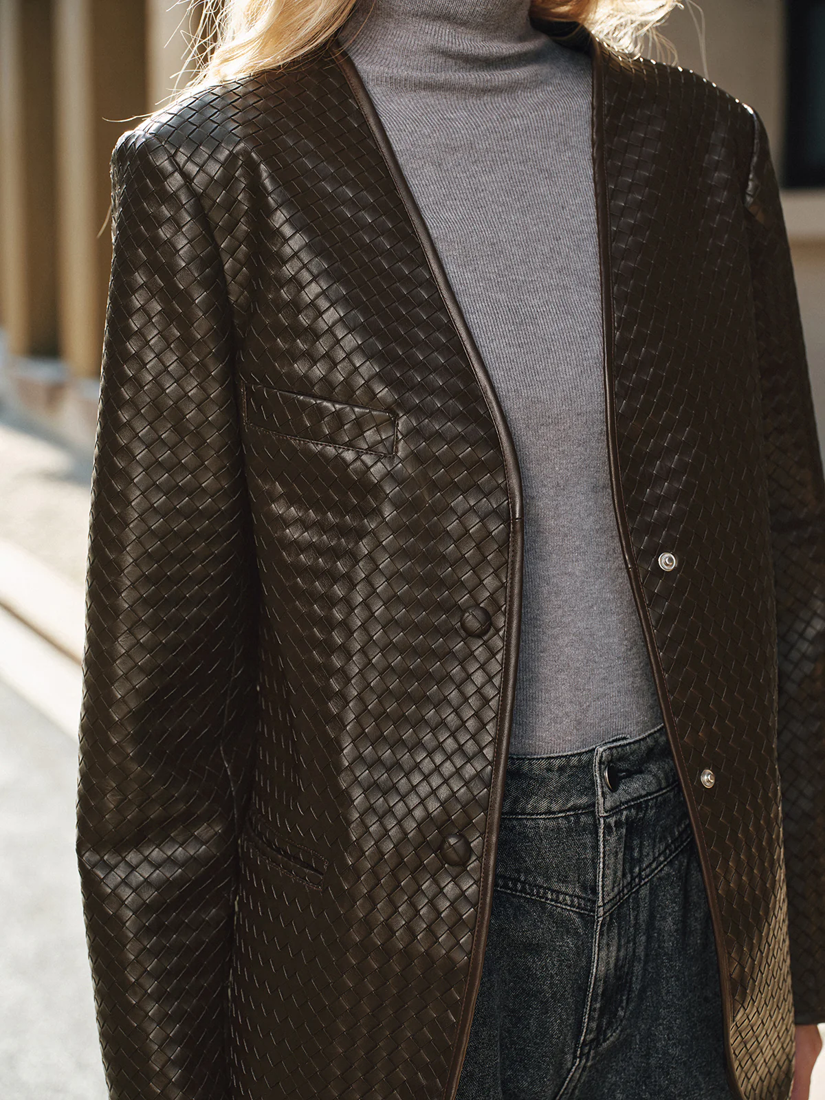 Woven-Texture Faux Leather Blazer - Wholesalesil