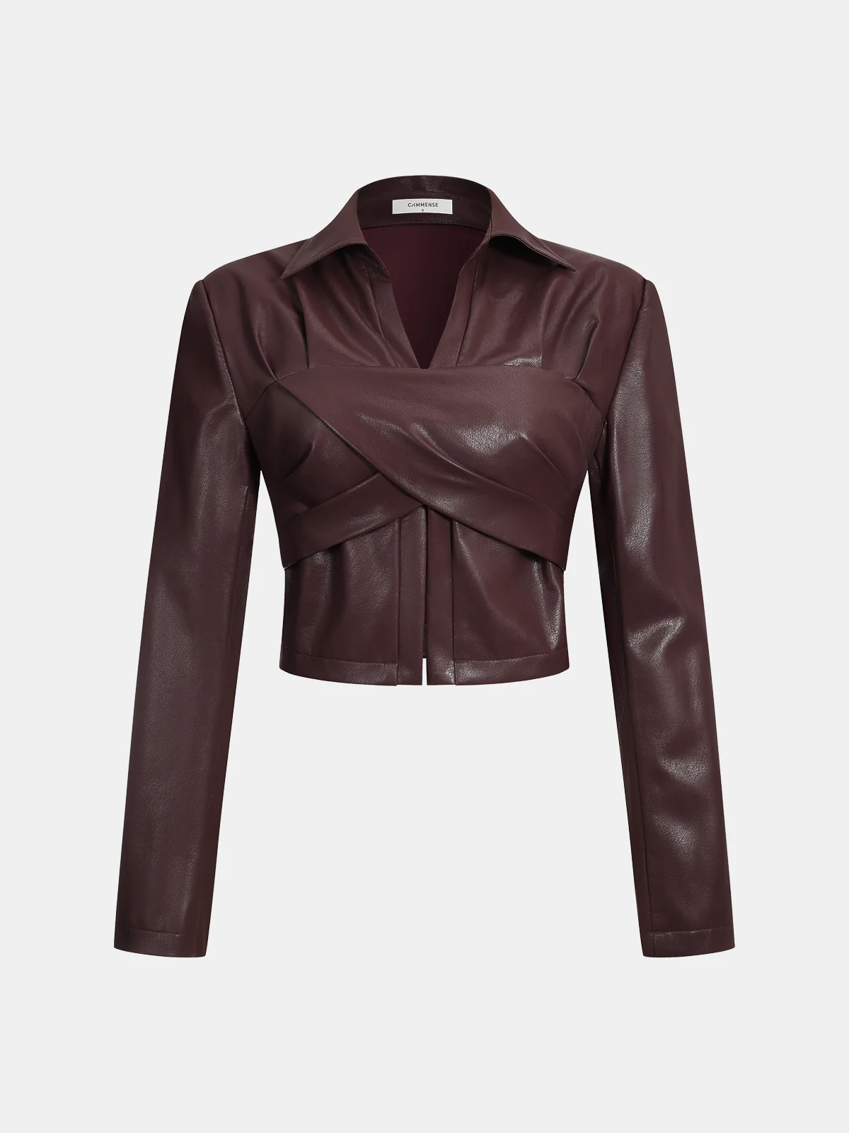 Collared Faux Leather Cropped Cross-Front Top - Wholesalesil