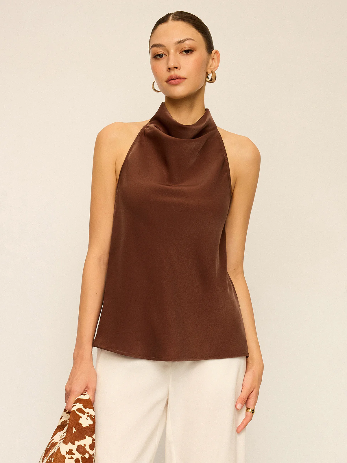 Satin Cowl Neck Halter Backless Top - Wholesalesil