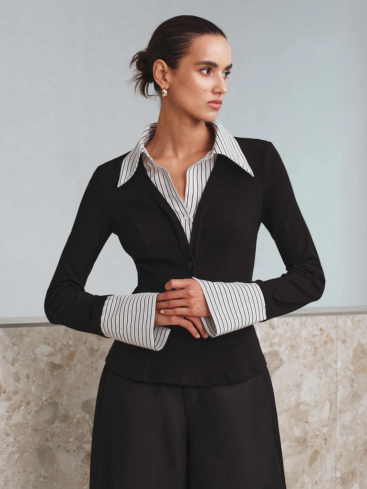 Mock Two-Piece Long-Sleeve Two Tone Polo Top - Wholesalesil