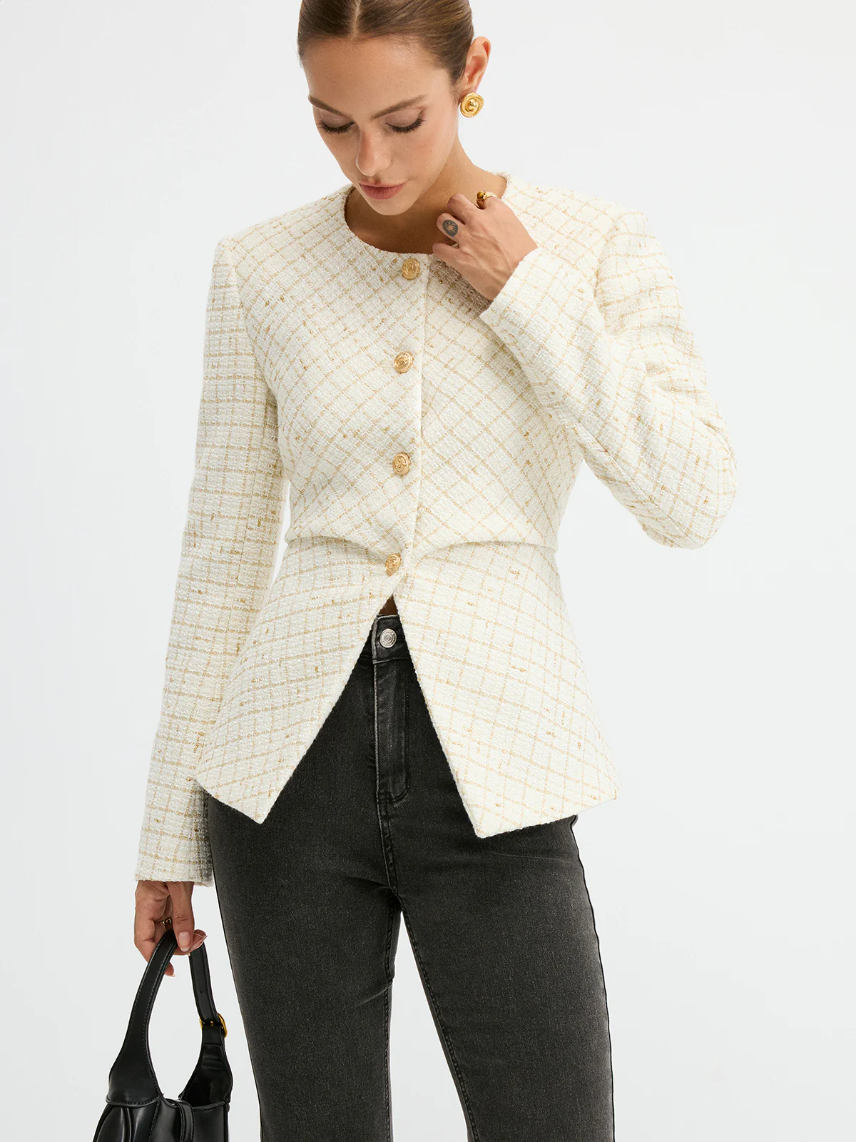 Tweed Round Neck Waist-Cinching Blazer - Wholesalesil