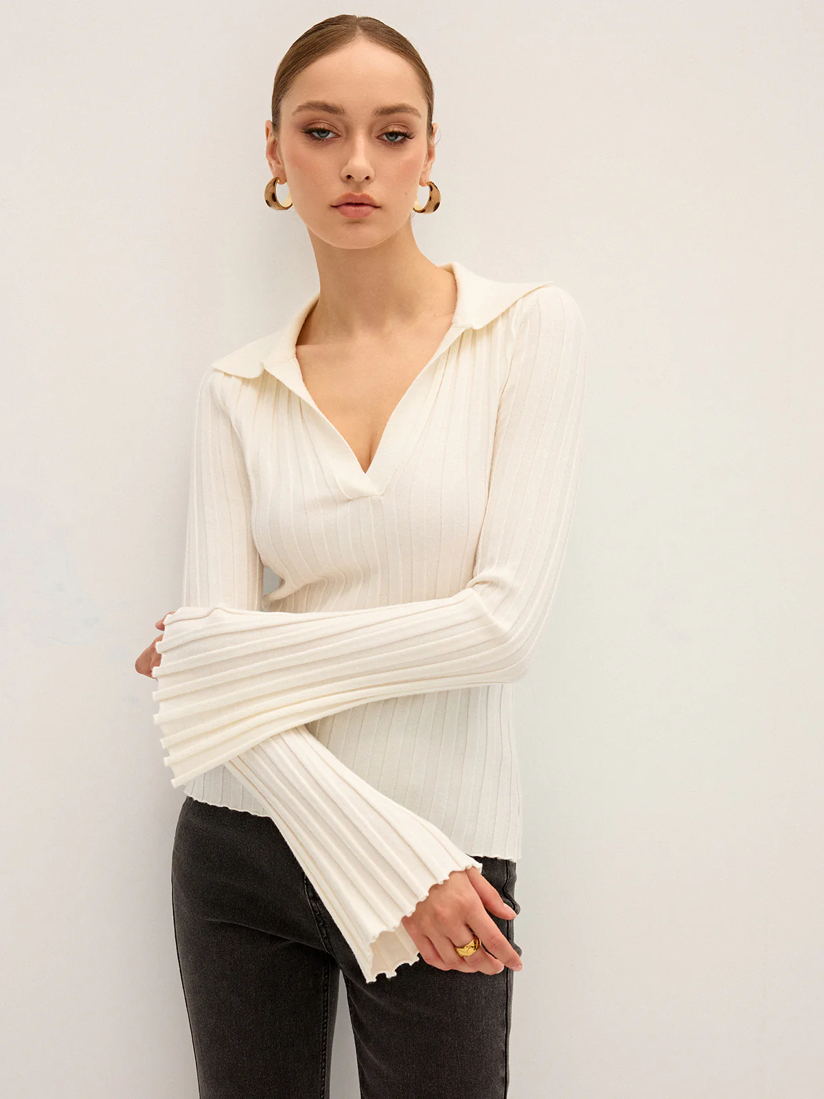 Flared Sleeve Collared Knit Top - Wholesalesil