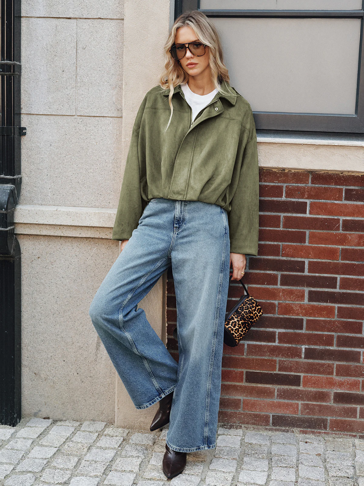 Suede Effect Zip-Up Collared Jacket - Wholesalesil