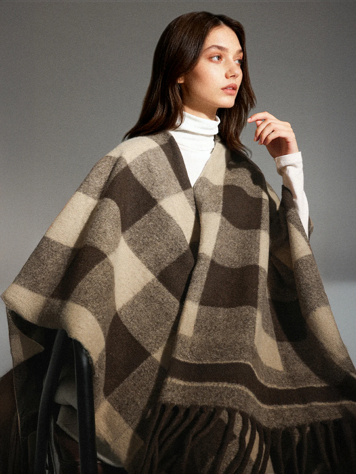 Plaid Fringed Poncho - Wholesalesil