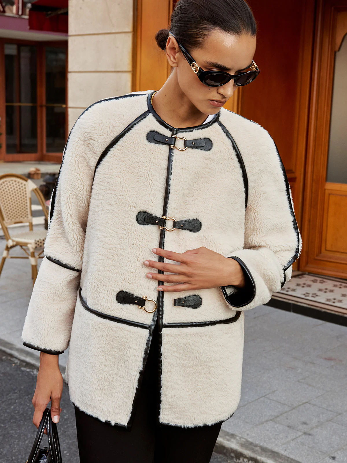 Buckle Detail Contrast Trim Faux Fur Coat - Wholesalesil