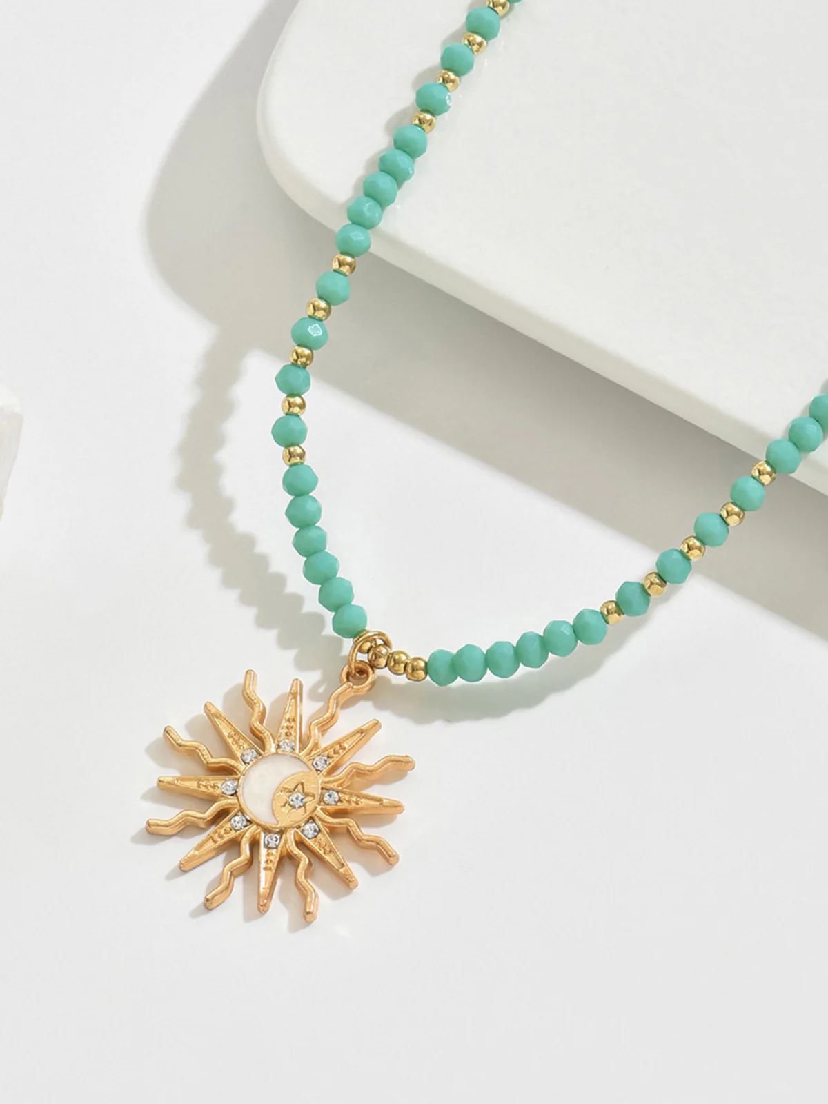 Turquoise Beaded Choker with Sun-Moon Pendant - Wholesalesil
