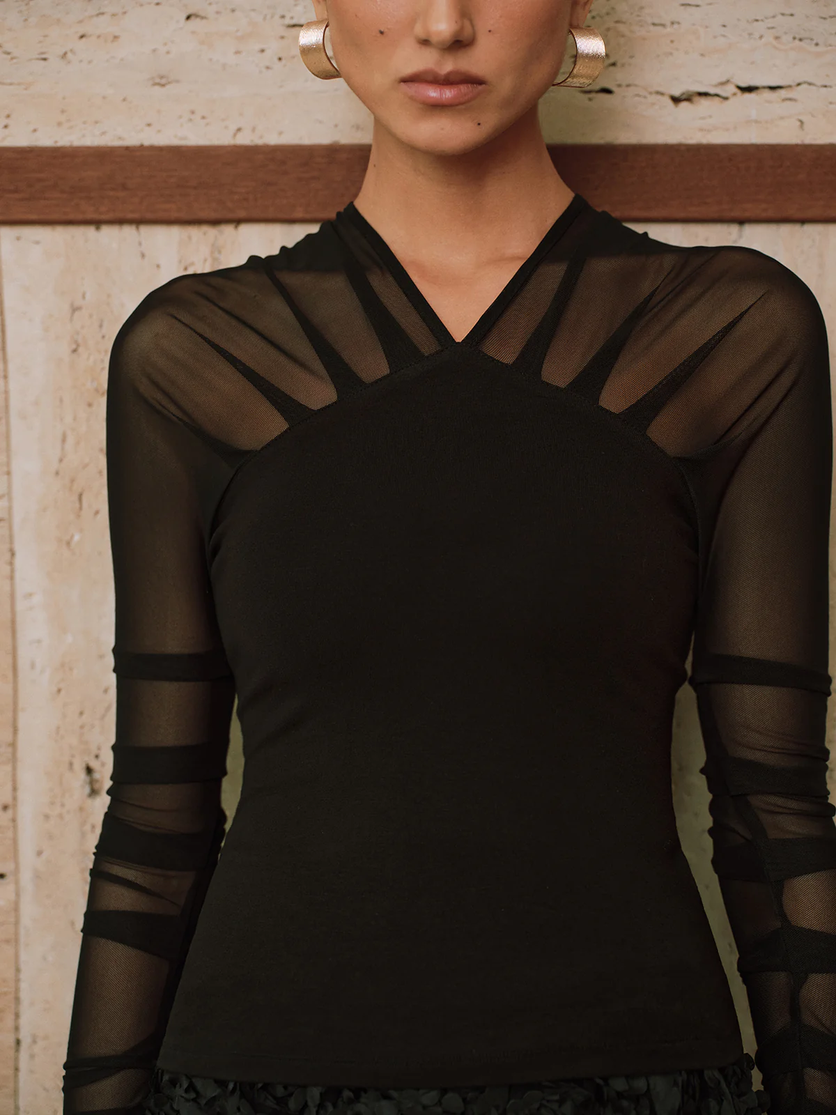 Sheer Mesh Paneled V-Neck Blouse - Wholesalesil