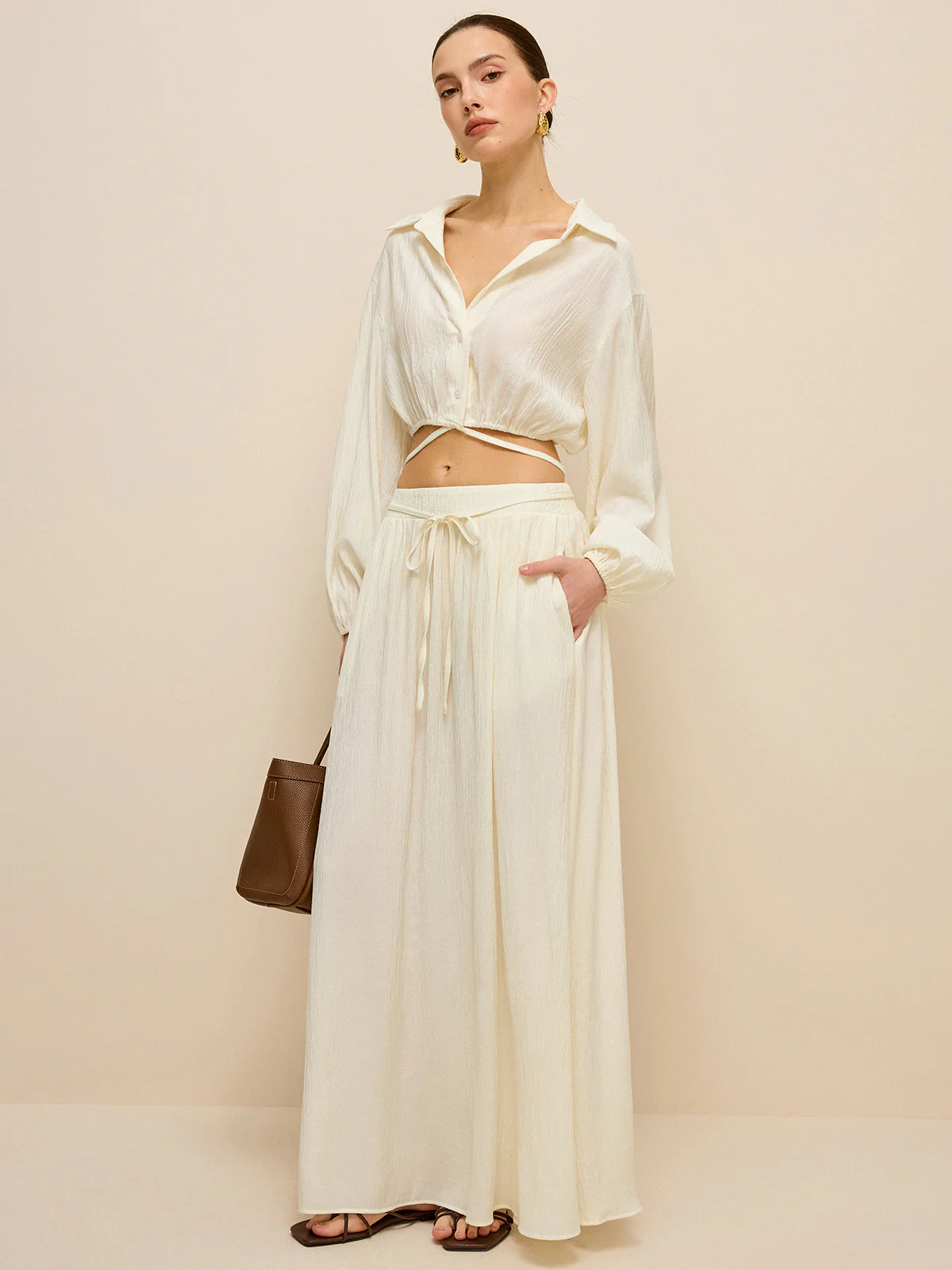 Cropped Shirt with Crisscross Tie-Back - Wholesalesil