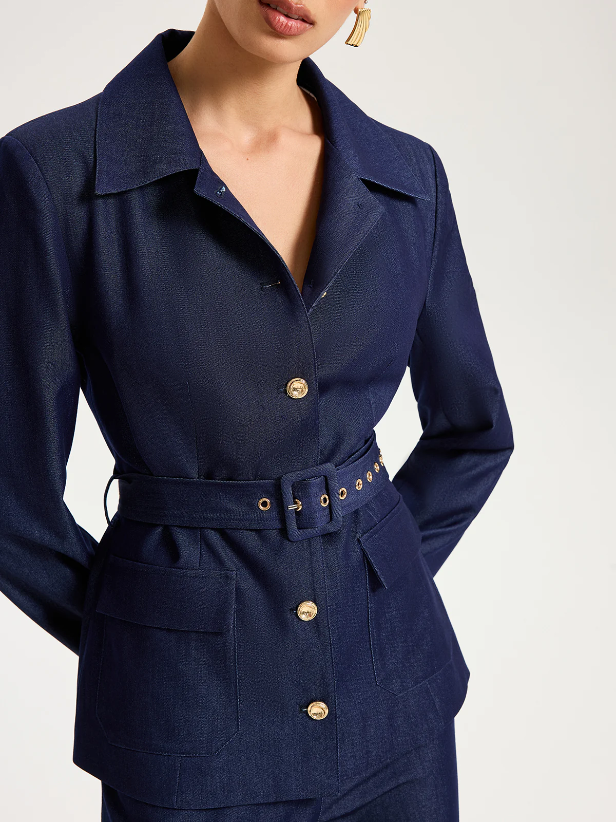 Belted Metal Button Faux Denim Blazer - Wholesalesil