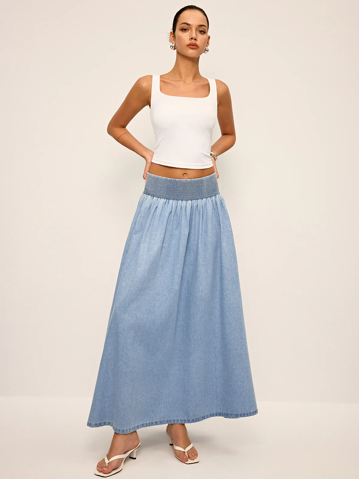 Smocked Waistband Denim Maxi Skirt - Wholesalesil