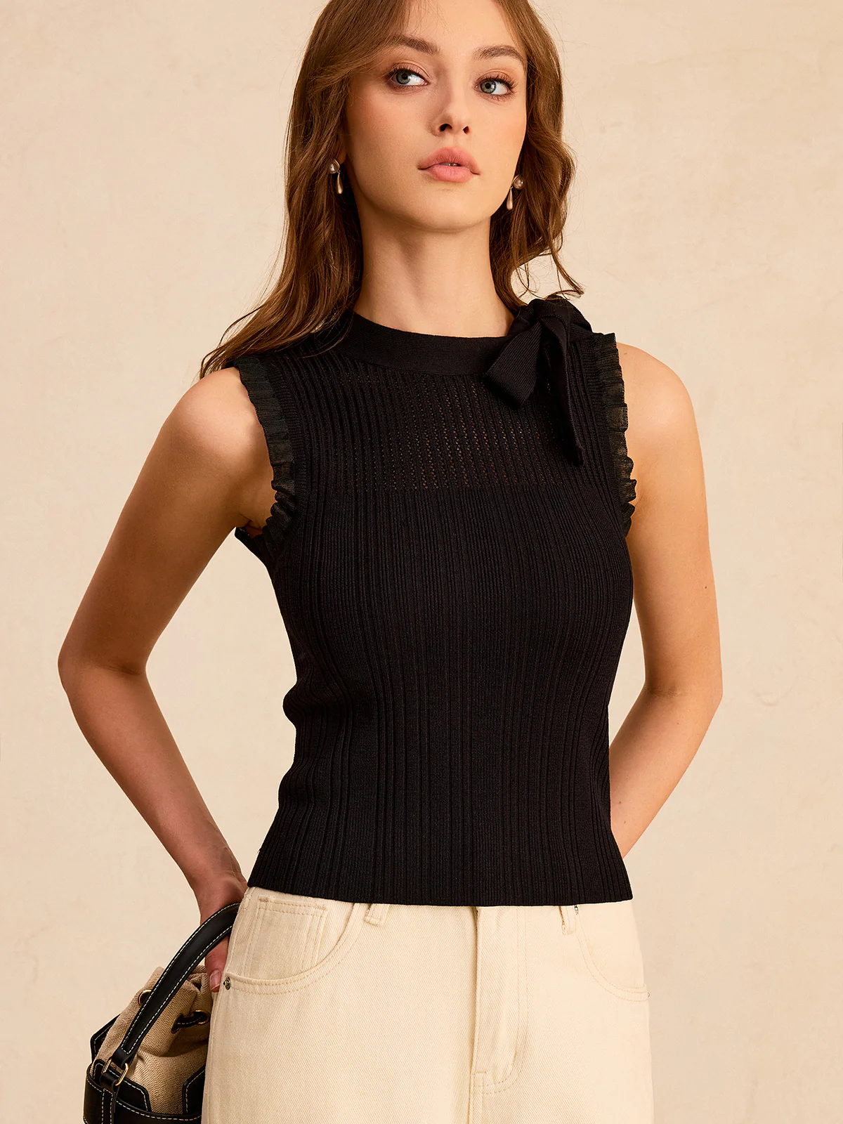 Bow Ribbed Knit Sleeveless Top - Wholesalesil